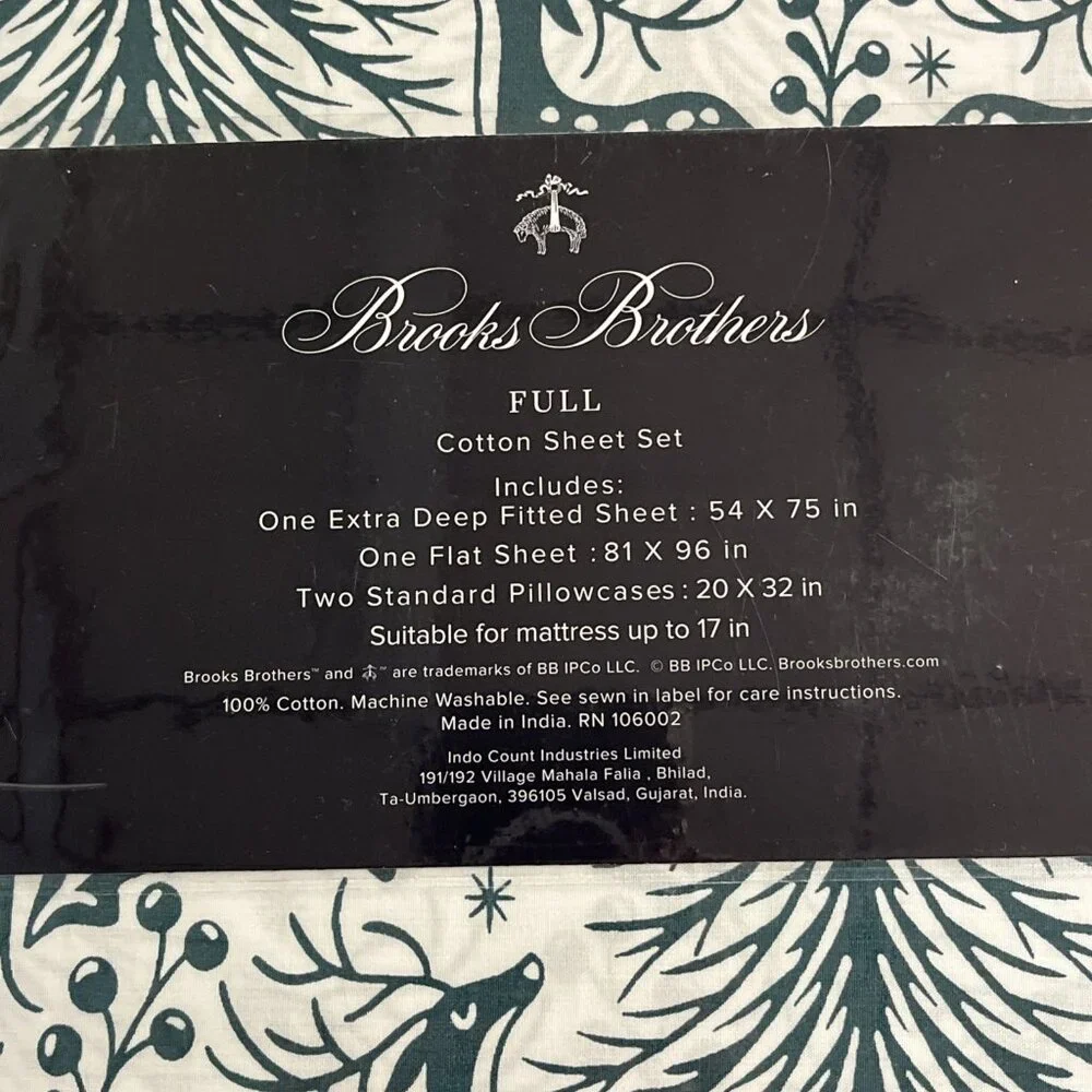Brooks Brothers‎ Full Sheet Set Holiday Christmas White Green Reindeer Print New